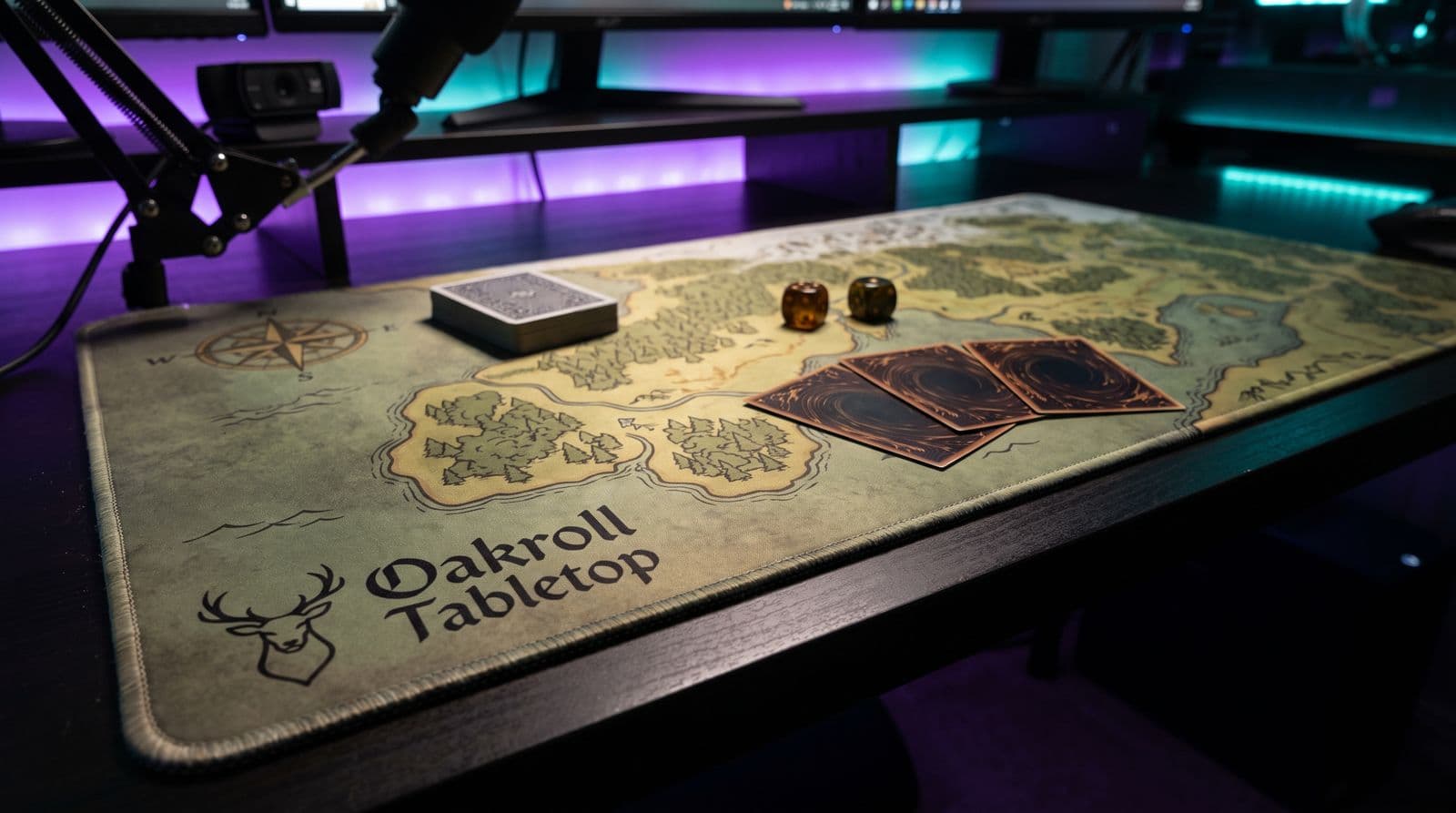 A custom playmat printed with a fantasy map and an invented 'Oakroll Tabletop' stag emblem lying on a streaming desk, a deck, two dice and three face-down cards on it, a webcam and mic arm behind, purple and teal LED light.