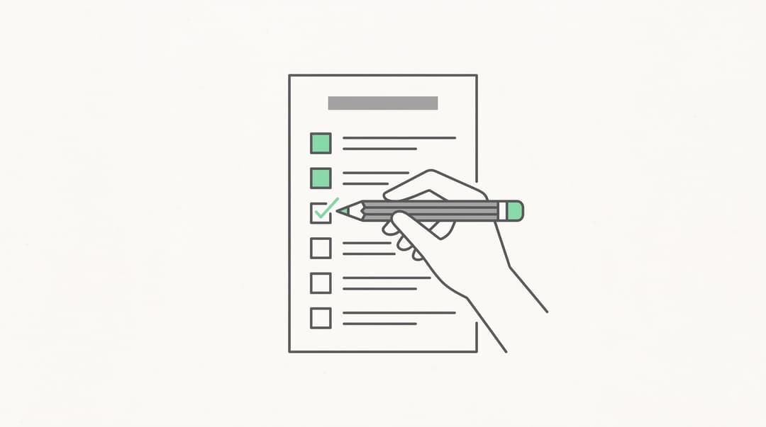 A line illustration of a hand holding a pencil to check off boxes on a checklist, with three items already marked complete.