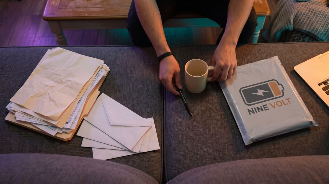 A thick folder of tax paperwork and a pile of envelopes on one side of a sofa, a single clean Nine Volt mailer ready to ship on the other, and a person's hands holding a mug and a pen between them.