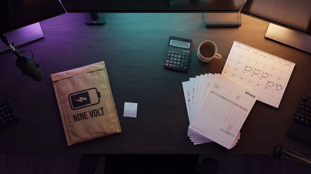 Overhead view of a streaming desk: a single padded Nine Volt mailer with one small receipt slip on the left, and on the right a fanned stack of blank invoices and a wall calendar with several days circled, a dark calculator and a mug between them.