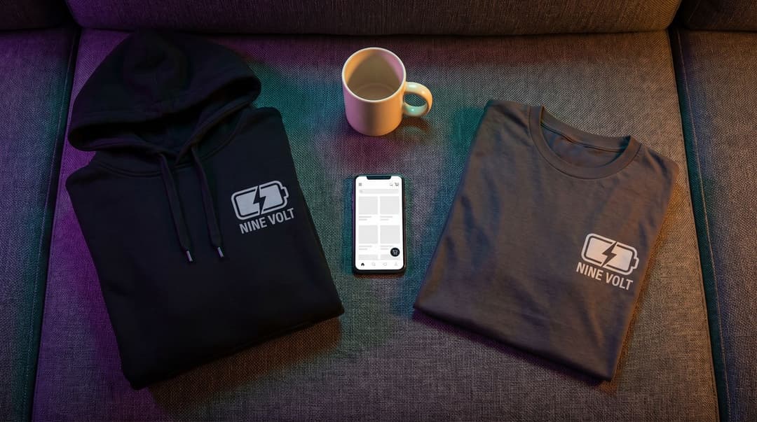 A folded black Nine Volt hoodie and a grey tee laid out on a sofa with a phone showing a blurred store page and a mug between them, lit purple and teal.