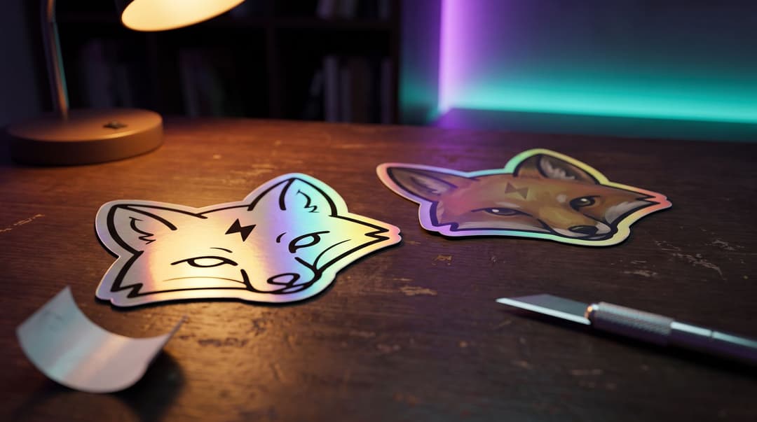 Two holographic fox stickers under a desk lamp: a bold black outline version where the rainbow shimmer fills every gap, next to a fully painted version where the effect barely shows, a craft knife beside them.