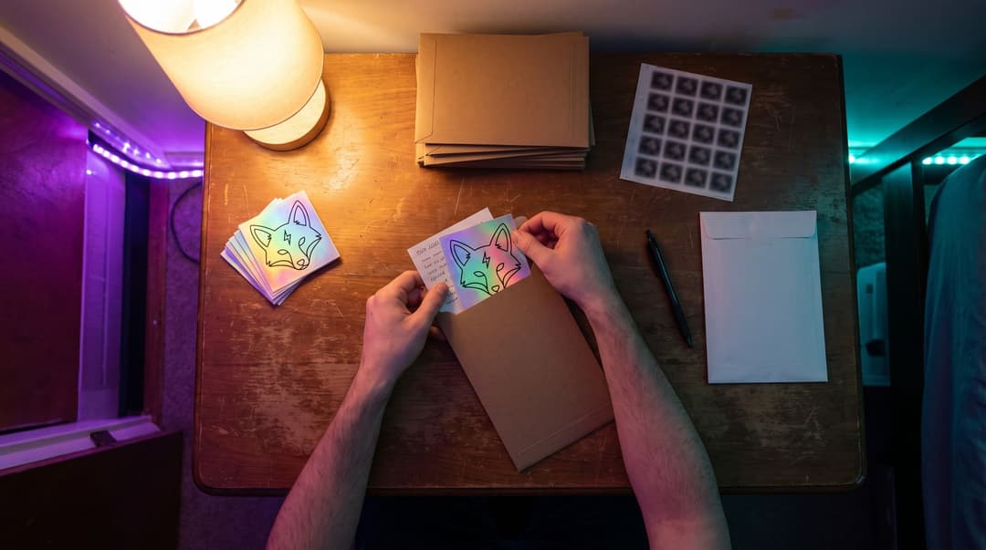 Hands seen from above sliding a holographic fox sticker and a handwritten note into a rigid kraft mailer, with a stack of stickers, flat mailers, a sheet of stamps, a pen and one sealed envelope on the table.