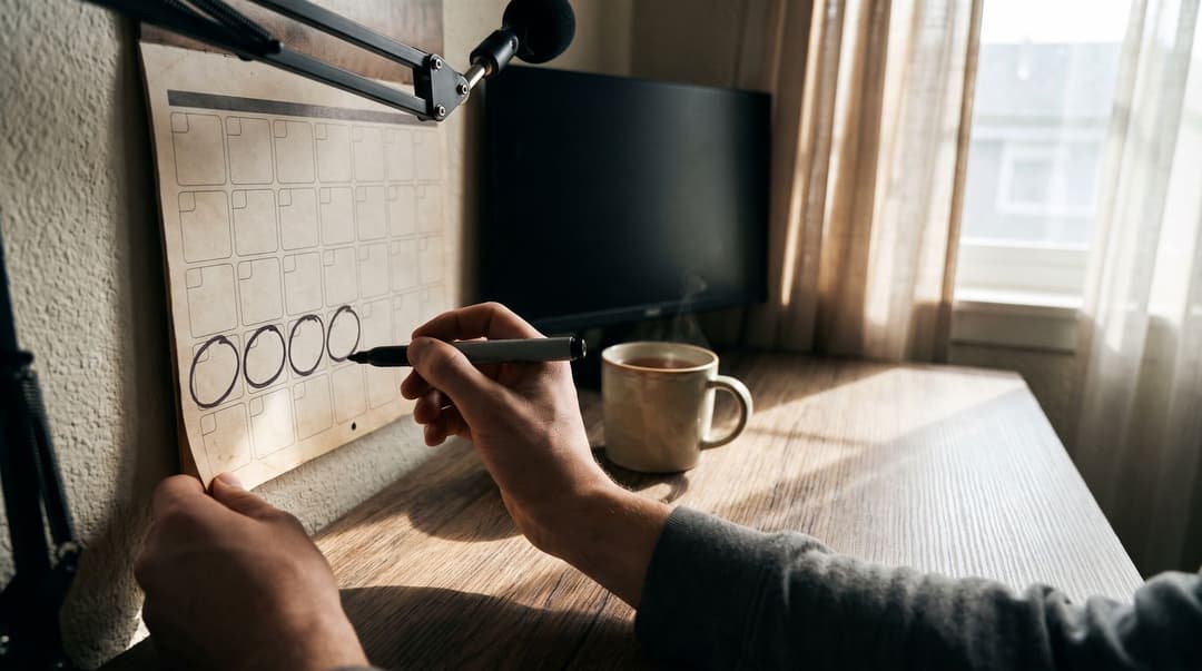 A paper wall calendar above a small streaming desk with four evenings a week circled by hand, a mic arm, a dark monitor and a cup of tea, hands holding a marker.
