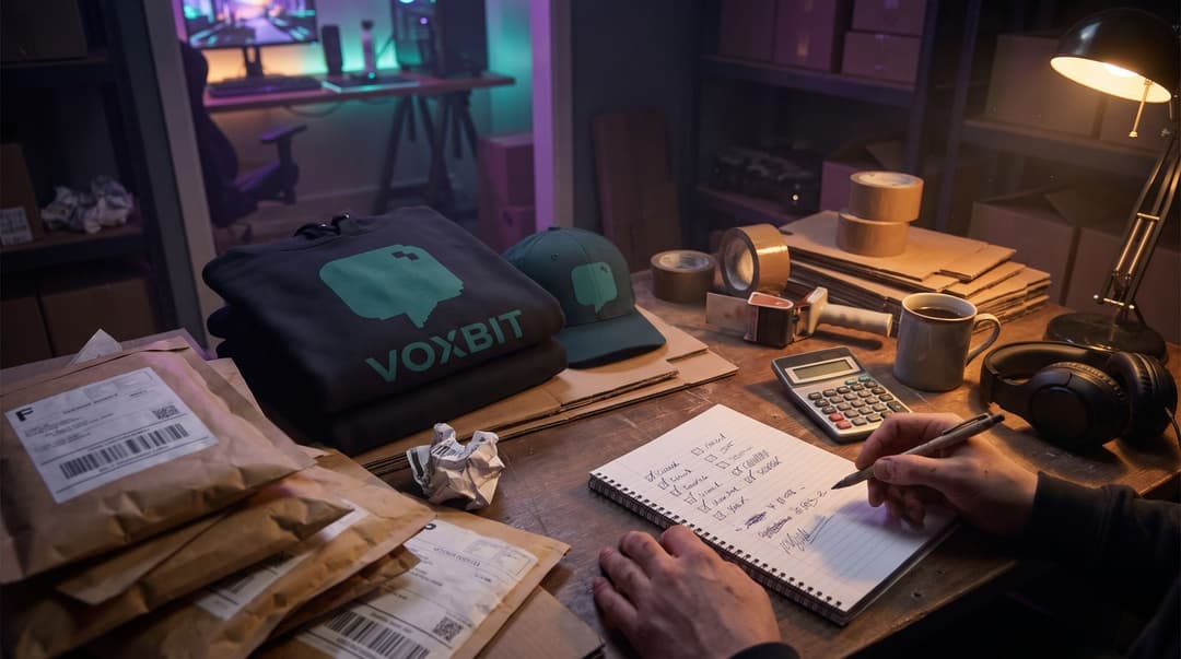 Hands working through a hand-written monthly list in a notebook beside a calculator, a mug and a gaming headset, folded Voxbit hoodies and padded mailers stacked on the same desk.