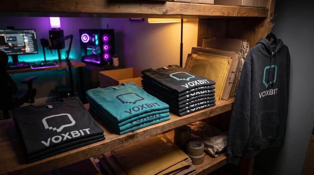 Three stacks of folded Voxbit t-shirts growing from one to six along a wooden shelf, a hoodie hung at the end, the streaming desk lit purple and teal out of focus behind.