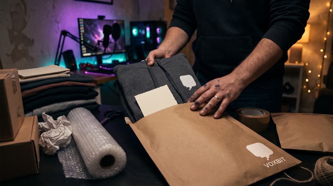 Hands sliding a folded charcoal Voxbit hoodie and a plain thank-you card into a kraft mailer, bubble wrap and tape on the desk, the streaming setup glowing purple and teal behind.