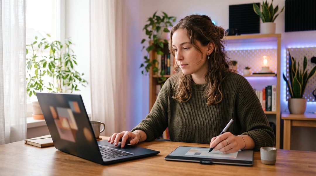 Creator working at a home desk with a laptop and a pen display tablet, drawing with a stylus