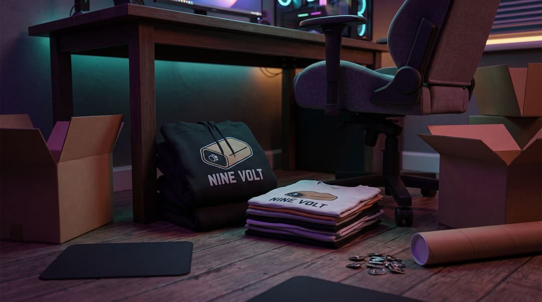 A stack of branded NINE VOLT hoodies and t-shirts sits on the floor amidst open shipping boxes and gaming gear, illuminated by teal and purple ambient lighting.