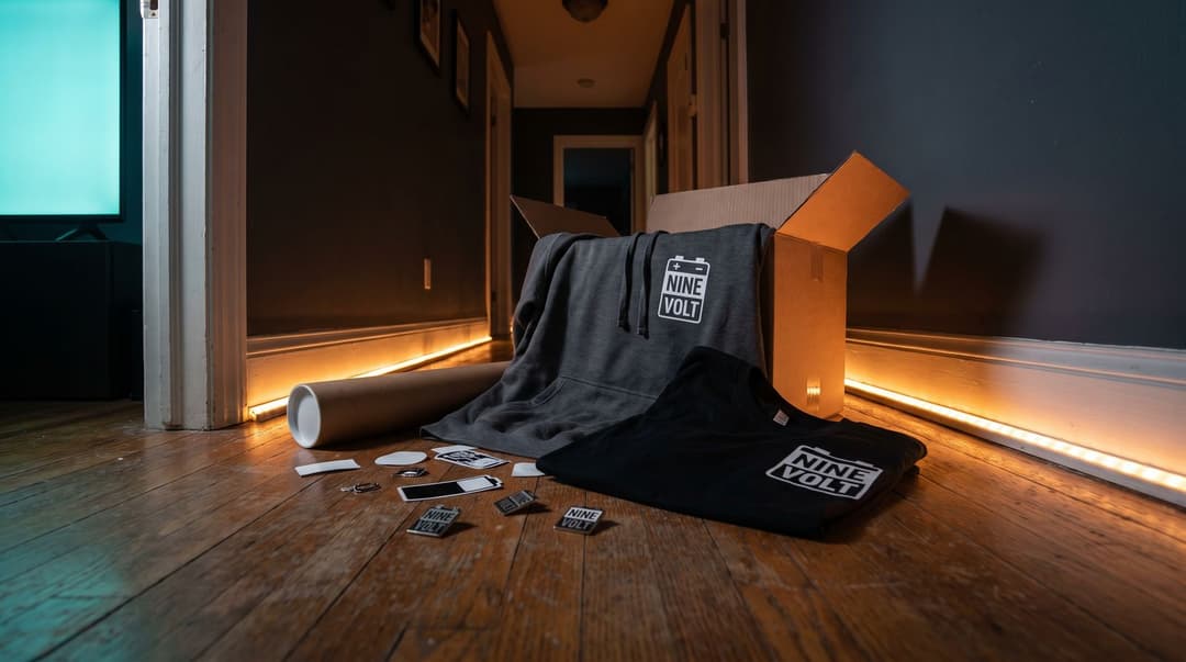 A newly arrived cardboard delivery box sits open on a dim hallway floor, spilling out a hoodie and t-shirt branded with the Nine Volt logo, surrounded by unbranded merch samples.