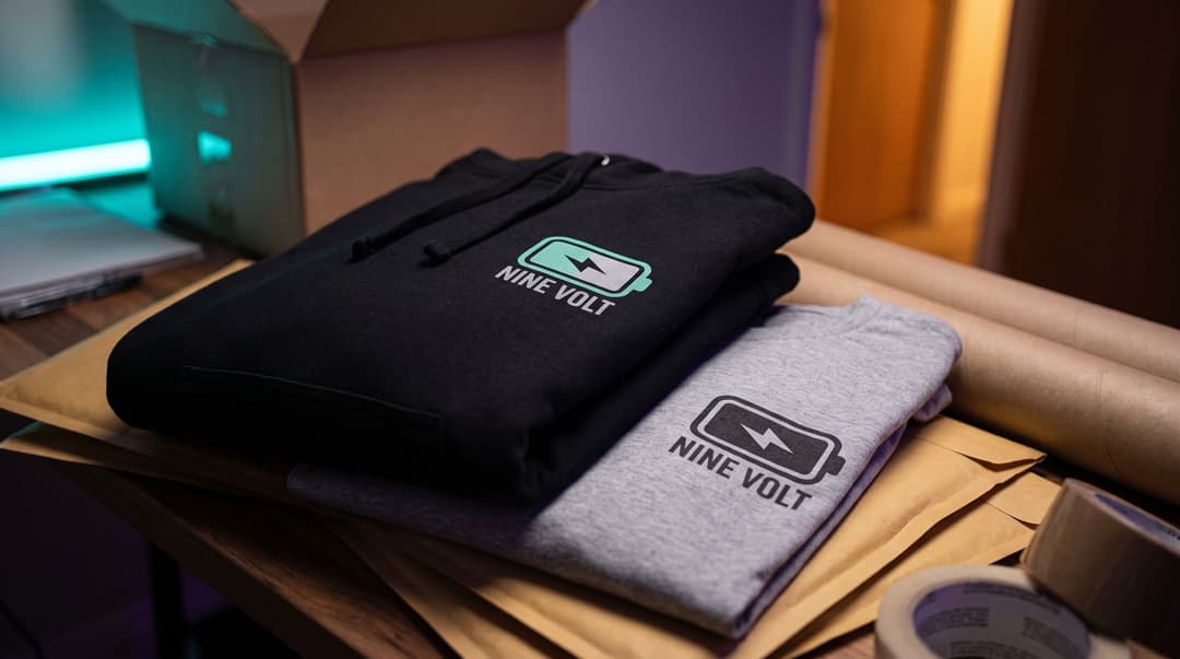 A close-up of a black hoodie and a heather-gray t-shirt both branded with the NINE VOLT logo, resting on a pile of shipping materials in a dimly lit, purple and teal-toned packing corner.