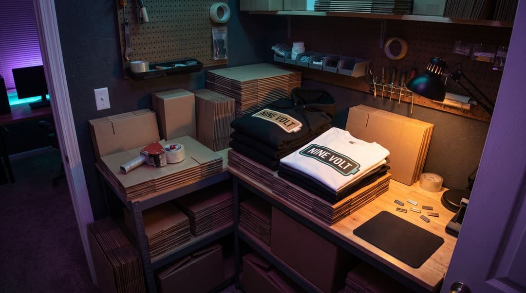 A cramped packing corner at night is illuminated by purple and teal light, featuring a stack of blank mailers and two garments branded with the Nine Volt battery logo.