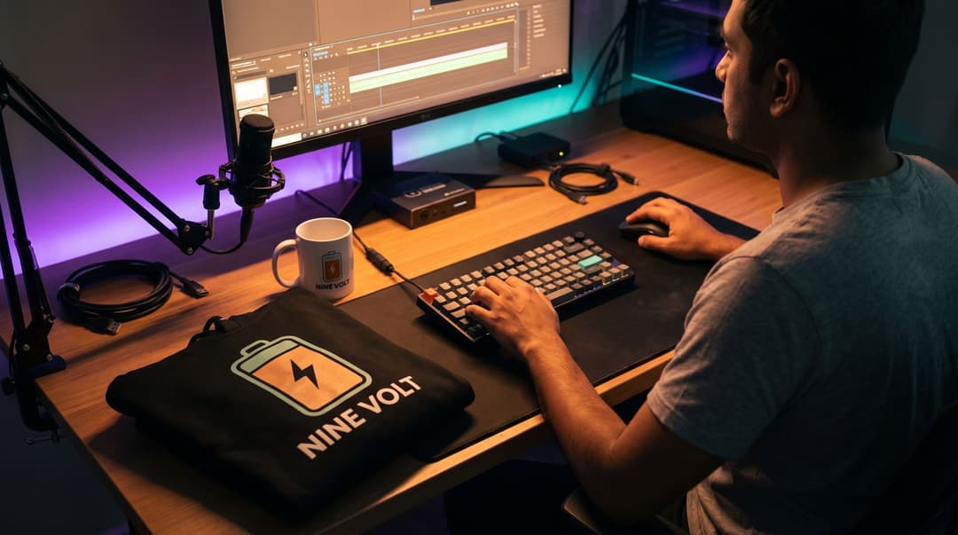 A creator works on a digital design file at their streaming desk, with a branded hoodie and mug featuring the NINE VOLT logo sitting nearby.