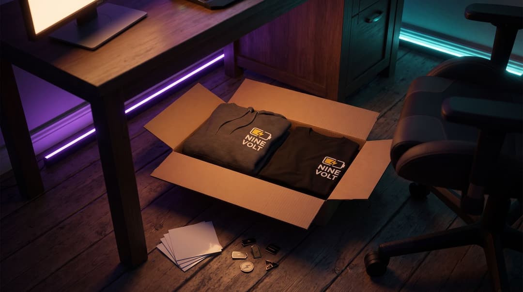 A close-up view of NINE VOLT branded hoodies and blank merchandise sorted into boxes on the floor of a dimly lit room.