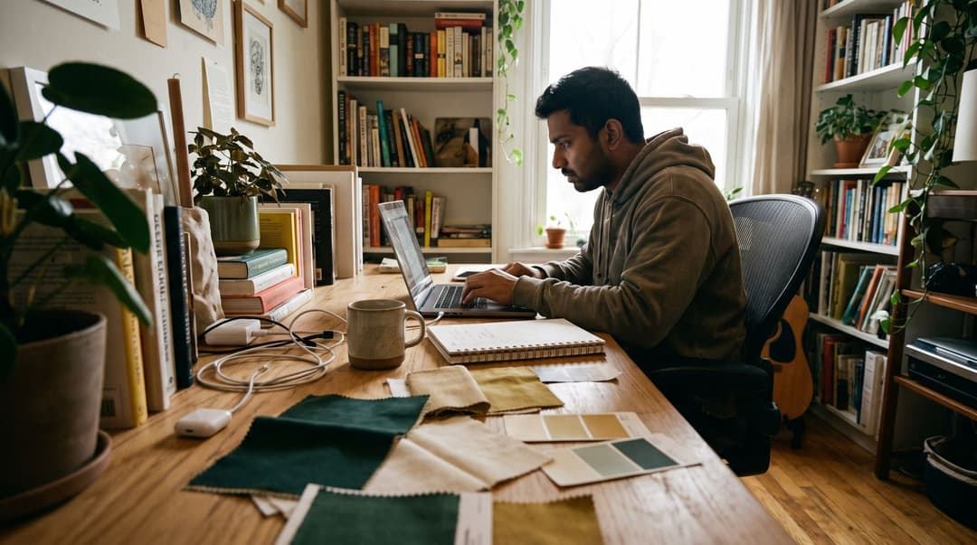 A man working at a desk surrounded by fabric swatches and color samples as he plans a cohesive merchandise collection.