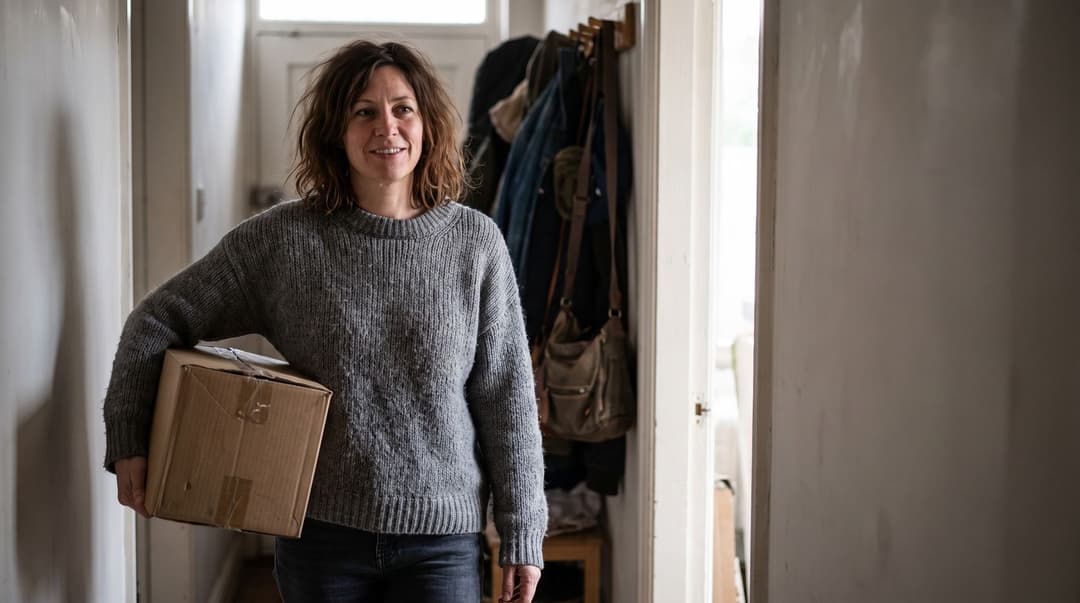 A woman in a knit sweater walks through a home hallway carrying a cardboard delivery parcel.