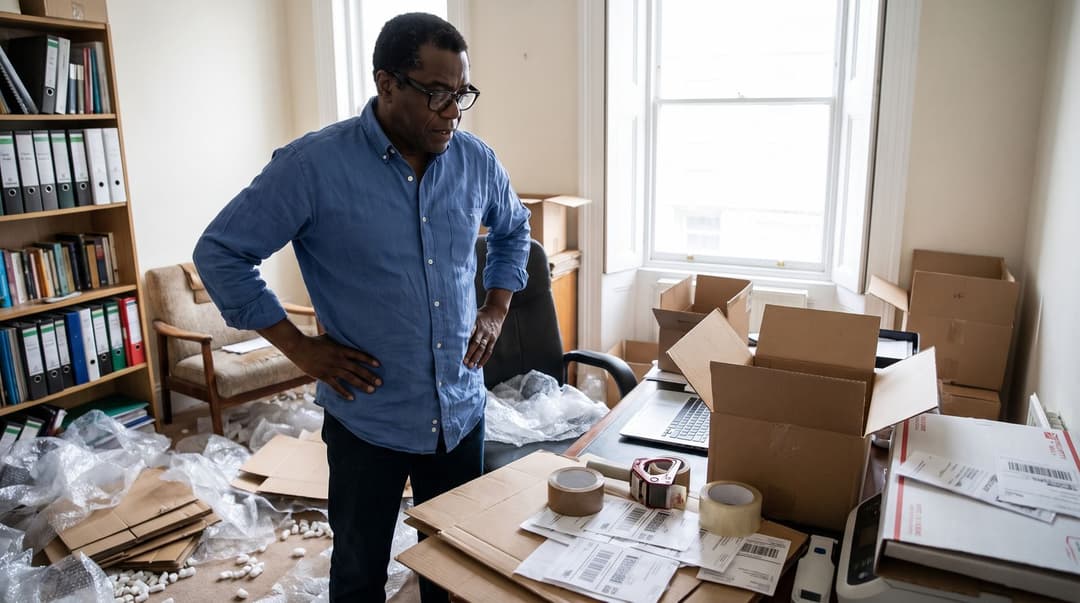 A man in his 50s stands in a cluttered home office surrounded by boxes and shipping supplies after finishing a packing session.