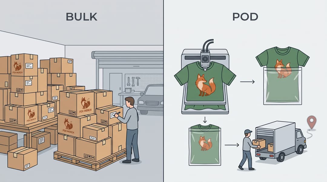 A split illustration comparing bulk fulfillment, showing stacked boxes of pre-printed 'Fox Merch' inventory in a warehouse, against print-on-demand, showing a single fox t-shirt being printed, bagged, and shipped on request