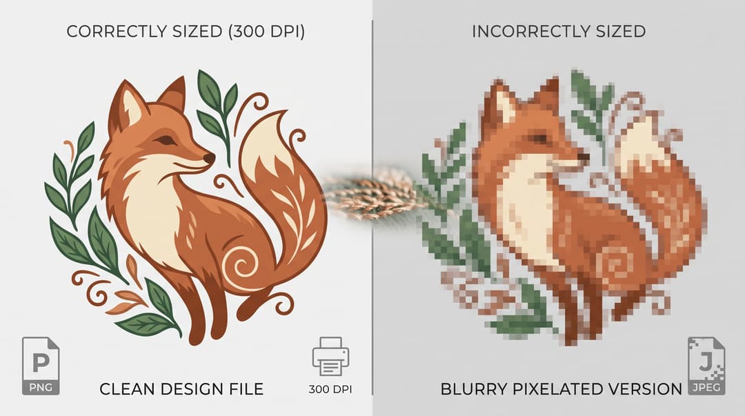 A comparison graphic showing a correctly sized 300 DPI fox design as a clean, sharp illustration on the left, versus an incorrectly sized version appearing blurry and pixelated on the right.