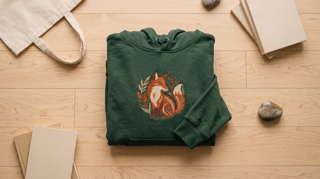 A folded green hoodie with an embroidered fox design, laid flat on a wooden surface with a canvas tote bag, notebooks, and stones.