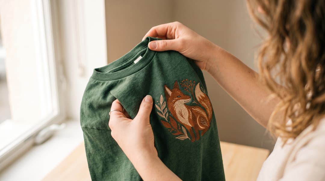 Close-up of hands holding the sleeve of a green sweatshirt with an embroidered fox and foliage design near a window