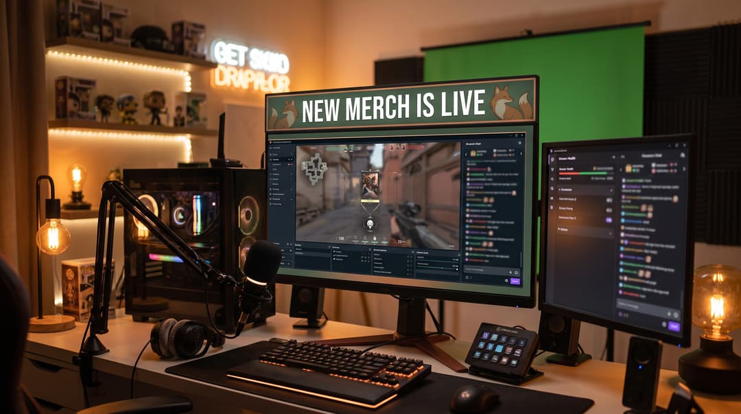 A streaming desk setup with dual monitors displaying a gaming stream and 'New merch is live' banner, surrounded by Funko figures, RGB PC lighting, and a green screen backdrop