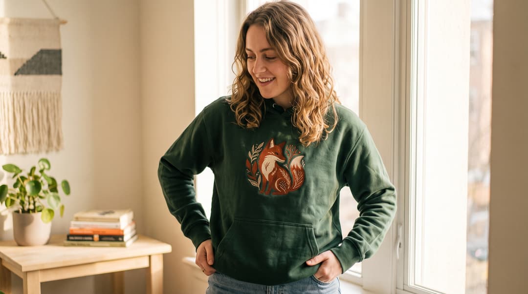 A smiling woman wearing a green hoodie with an embroidered fox design, standing by a window in a room with plants and a woven wall hanging