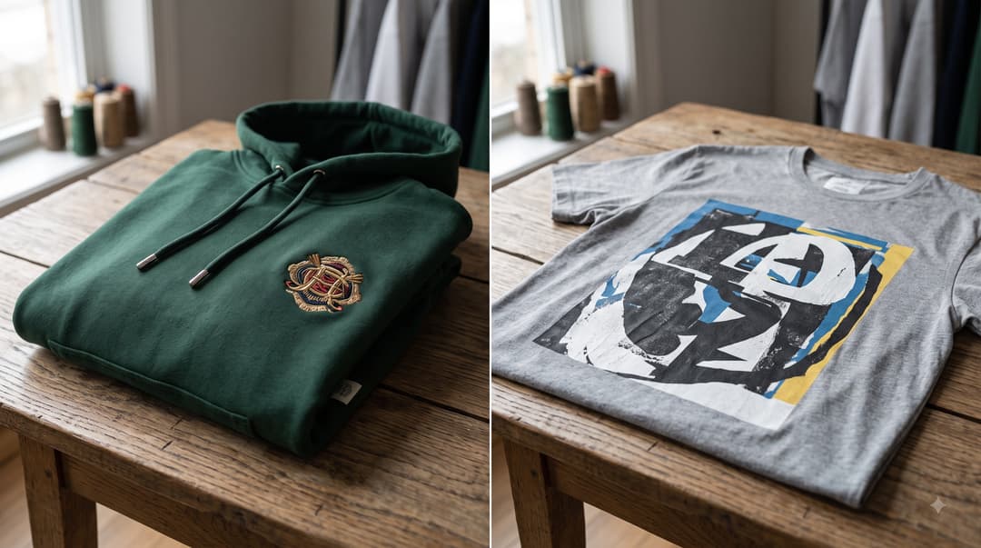 Split image comparing an embroidered hoodie and a printed graphic t-shirt on a wooden table.
