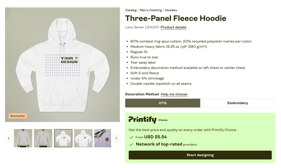 Printify product page for the Lane Seven three-panel fleece hoodie, showing pricing and decoration method options