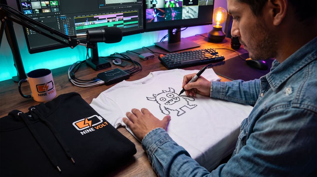 A man in a denim shirt sketches a design onto a t-shirt at his streaming desk, surrounded by gear and hoodies branded with the NINE VOLT logo.