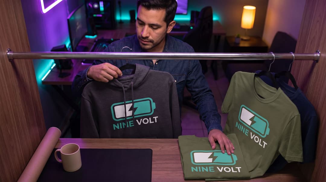 A man in a denim shirt organizes branded NINE VOLT merchandise on a wardrobe rail in a dimly lit, colorfully accented room.
