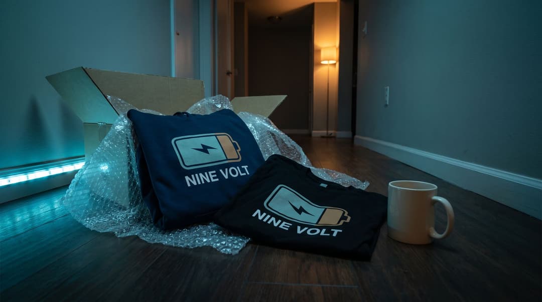 An opened parcel of NINE VOLT branded hoodies and t-shirts lies on an apartment hallway floor, illuminated by moody teal and amber evening lighting.