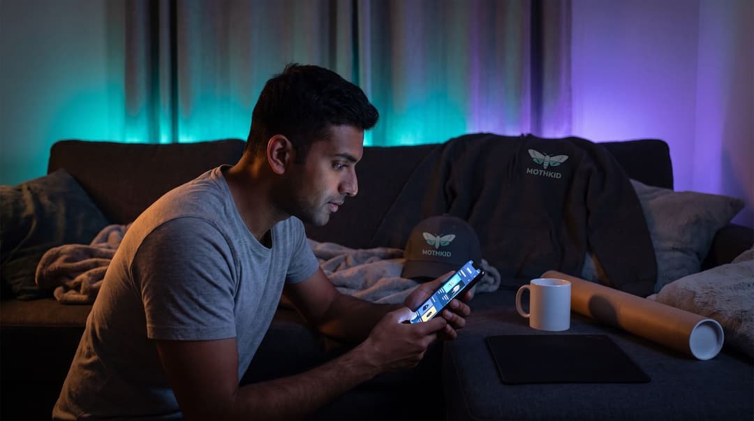 A man in his late 20s sits on a dimly lit sofa, checking his phone while surrounded by branded MOTHKID hoodies and caps alongside various blank merchandise items.