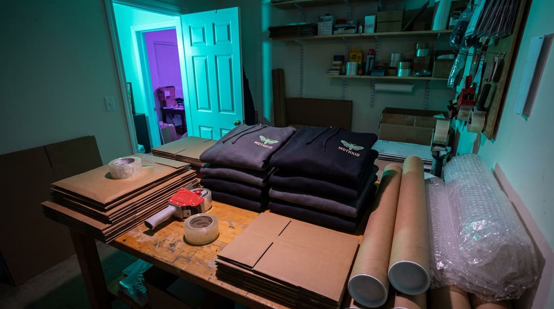 A stack of MOTHKID branded hoodies and shipping supplies sit in a dimly lit, cramped packing corner illuminated by teal and purple ambient light.
