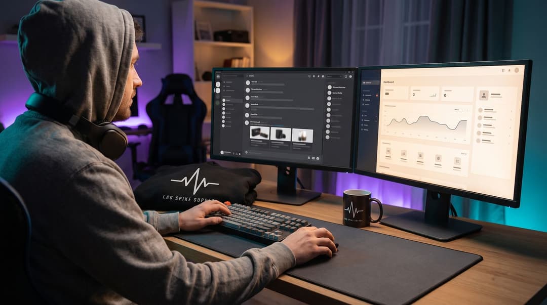 A streamer sitting at a desk with two monitors is configuring a merch store, with a branded hoodie and mug featuring the LAG SPIKE SUPPLY logo visible on the desk.