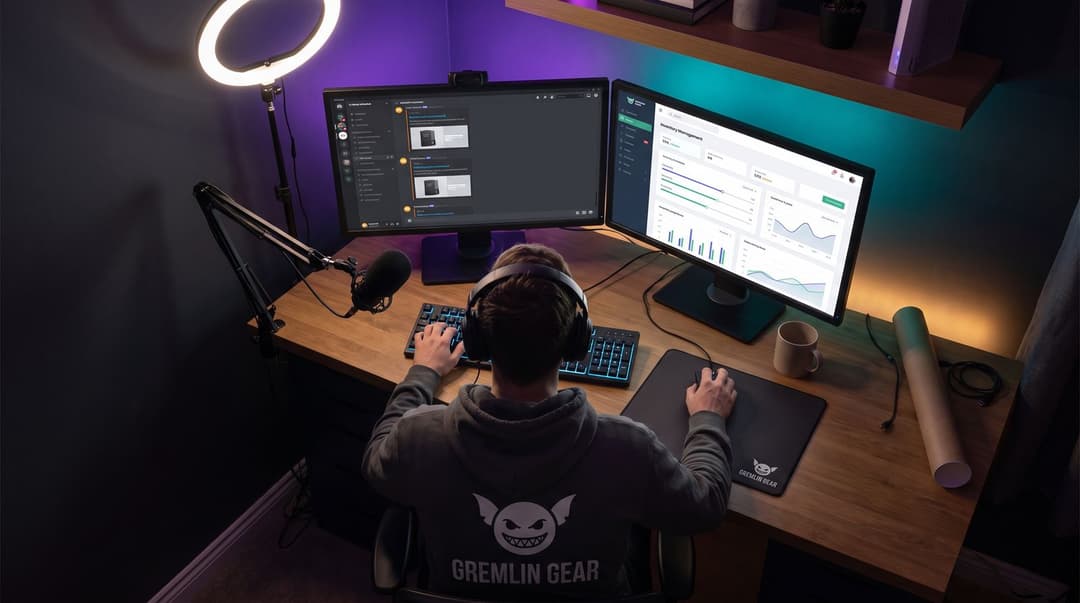 A streamer sits at a desk in a dimly lit room, configuring a merch shop on two monitors while branded GREMLIN GEAR merchandise sits on the desktop.