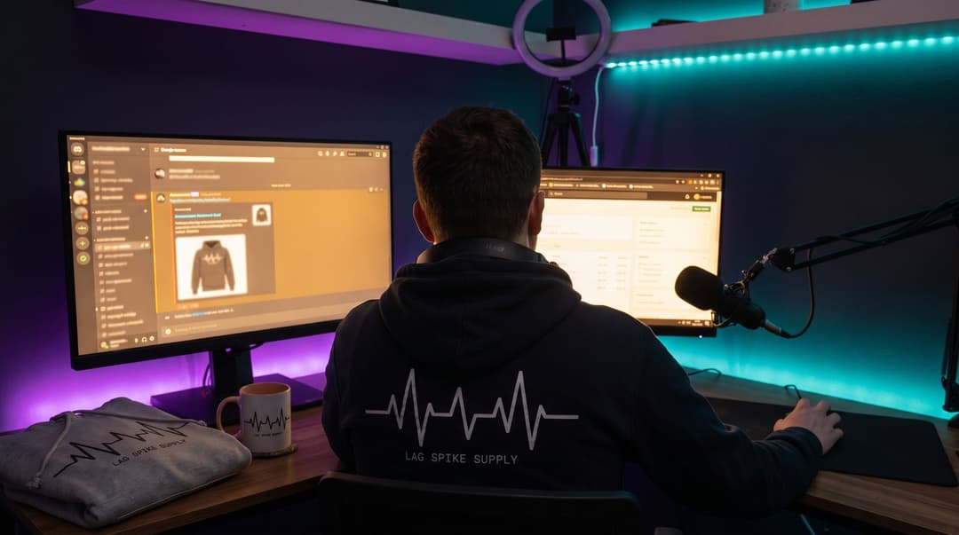 A creator sits at a home desk with two monitors, configuring a merch shop announcement for their channel, LAG SPIKE SUPPLY, which is printed on a hoodie and mug sitting on the desk.