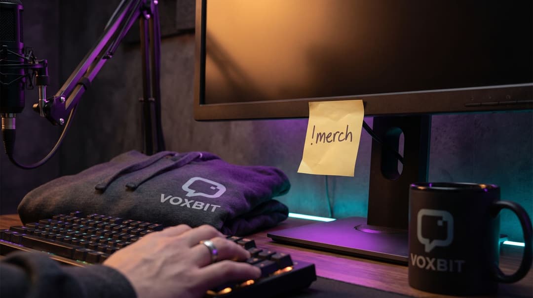 A yellow sticky note reading !merch stuck to the bottom edge of a monitor, a hand on a backlit keyboard, a folded grey Voxbit hoodie and a black Voxbit mug on the desk, a boom mic in purple and teal light.