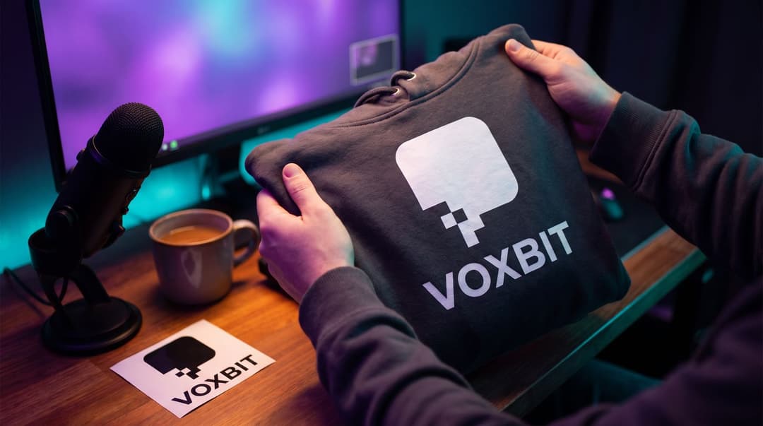 Hands holding a charcoal Voxbit hoodie up beside a desk microphone and a mug of tea, a Voxbit sticker on the desk, the monitor behind showing only a purple blur with a small soft pop-up shape in the corner.