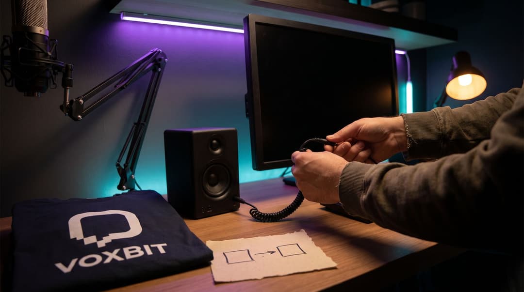 Hands plugging a coiled cable into a desk speaker beside a dark monitor, a paper sketch of two boxes joined by an arrow and a folded navy Voxbit tee on the desk, a mic arm and purple LED strip behind.