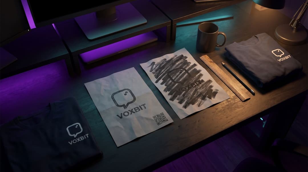 Two paper stream-layout mock-ups on a dark desk, one clean with a small Voxbit mark and a square code pattern in the corners, the other scribbled out in pencil, with a ruler, a pencil, a mug and two folded Voxbit tees in purple LED light.