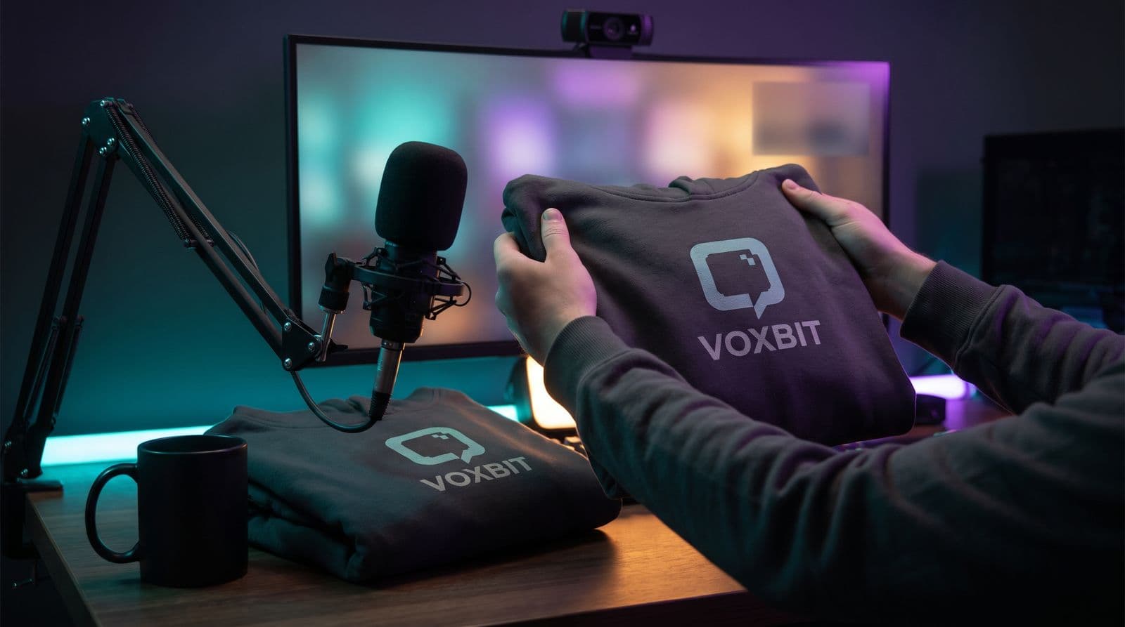Hands holding a folded charcoal hoodie for an invented channel called Voxbit up to a webcam on a streaming desk, a boom mic and a second hoodie and mug on the desk, the monitor a soft blur behind in purple and teal light.