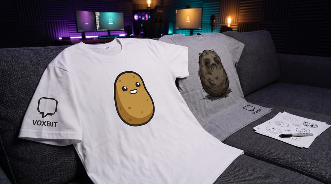 Two test tees on a sofa: a white one with a clean bold-outline cartoon potato face and a small VOXBIT sleeve mark, next to a grey one with an over-detailed shaded brown potato that reads as a blob, a sheet of emote sketches and a marker beside them, the streaming setup glowing out of focus behind.