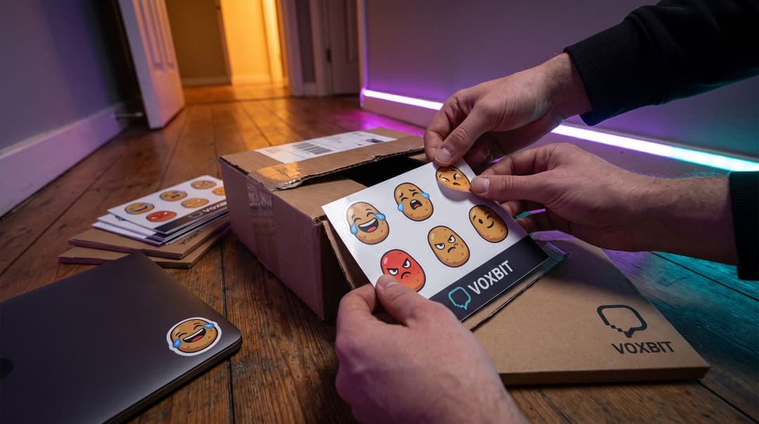 Hands peeling one potato-emote sticker off a freshly printed kiss-cut sheet of six, with VOXBIT in the corner, a stack of identical sheets, flat mailers and a laptop with the same sticker on its lid on the floorboards of a streaming room.