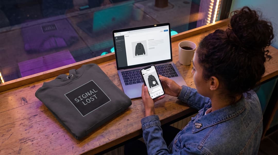 A woman at a café table in the evening is using her phone to tag a hoodie with her SIGNAL LOST brand for a social media post.