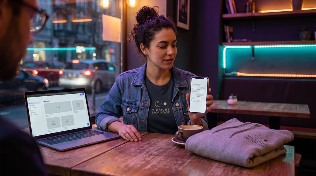 A creator sits at a café table in the evening, using her phone to manage her simple link-in-bio menu while her branded Midnight Broadcast hoodie rests beside her.