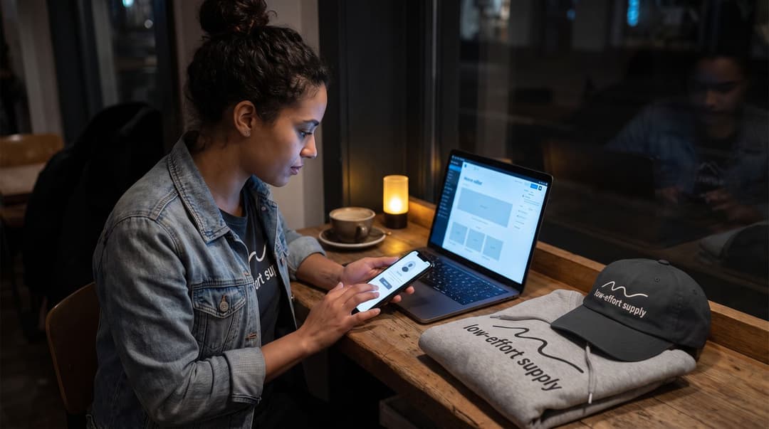 A creator sitting at a café window at night uses her phone to manage her merch shop, with her branded hoodie and cap visible on the table.