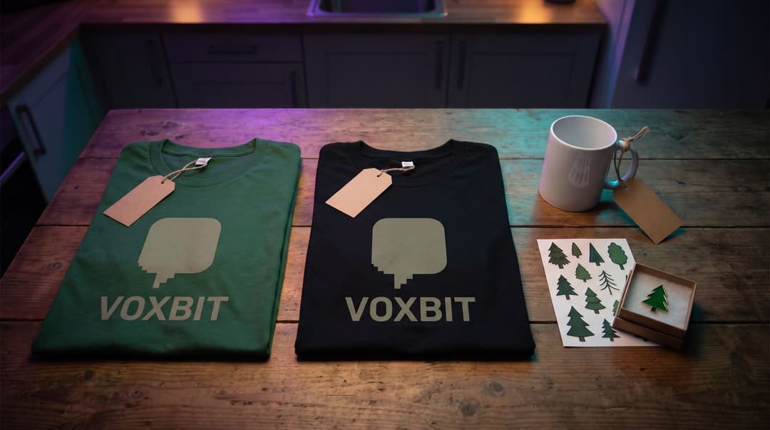 Overhead view of a wooden table with four small groups: a green Voxbit tee with a blank tag, a black Voxbit tee, a white mug with a tag on string, and a pine-tree sticker sheet with an enamel pin in a tiny box.