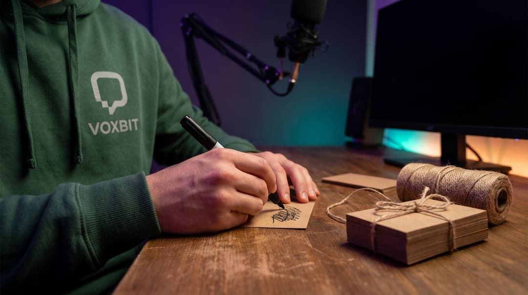 A creator in a green Voxbit hoodie writing a code on a small kraft card with a marker, a twine-tied stack of blank cards beside it, a mic arm and dark monitor behind.