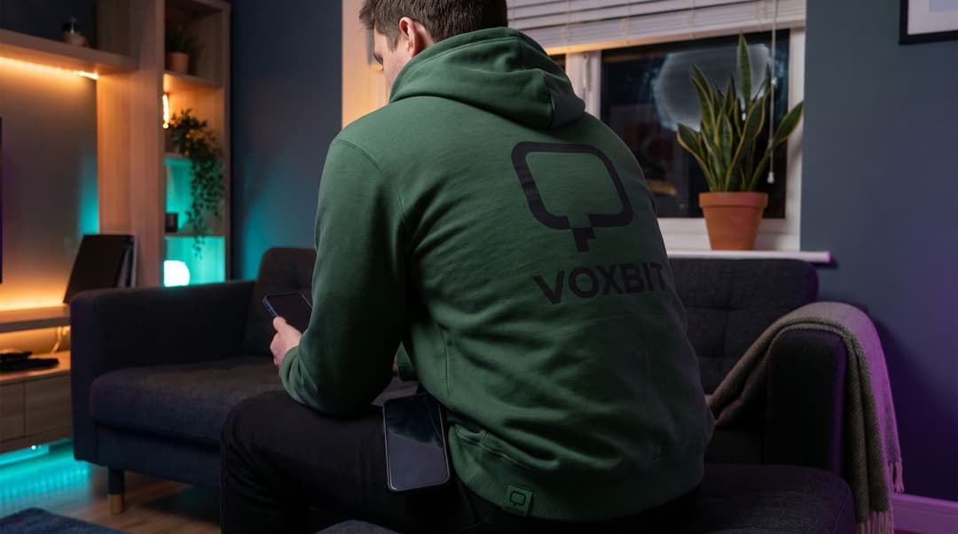 A fan seen from behind on a sofa in daylight, wearing a forest-green Voxbit hoodie with a small members-edition tag at the hem.